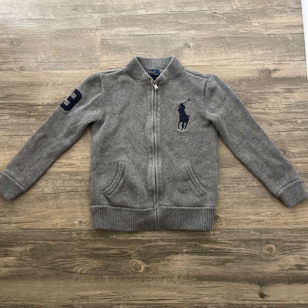 Polo Ralph Lauren Boys Gray Big Pony Full Zip Cotton Knit Sweater Size 6